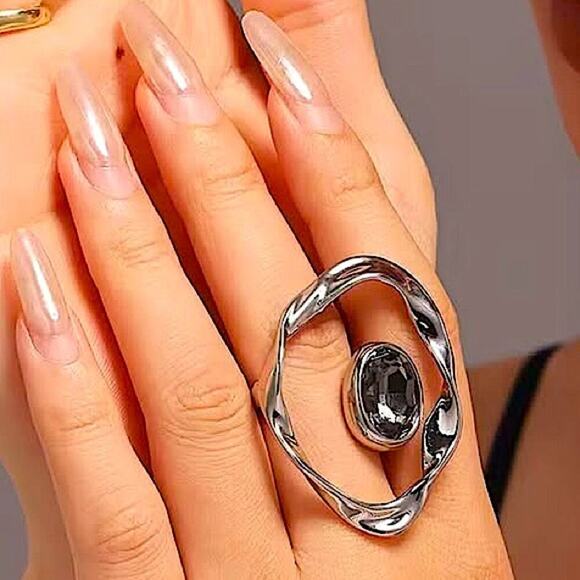 Czech Silver Crumpled Orbit Ring, Geometric Ring, Creative, Big Diamond - Picture 1 of 10